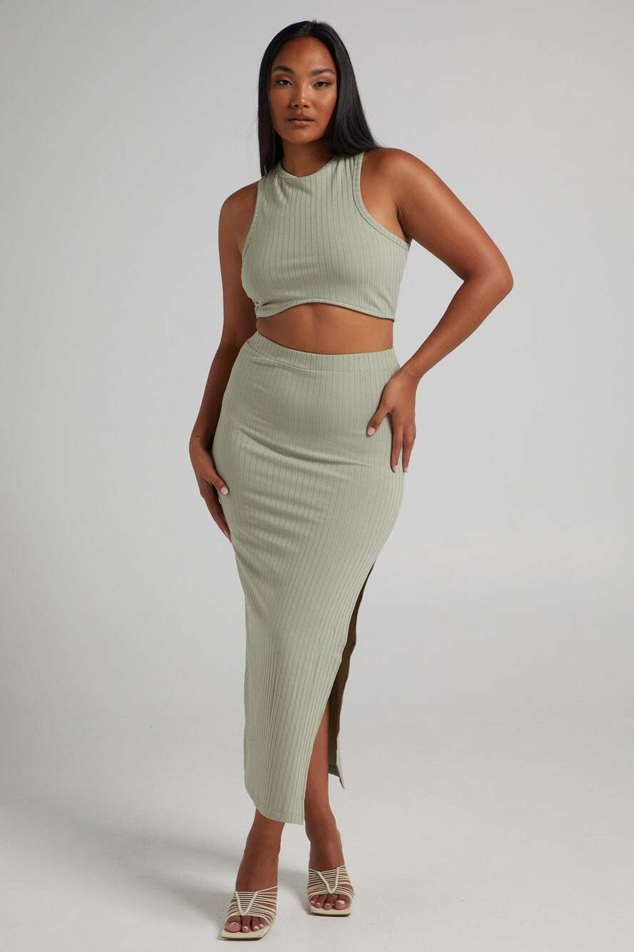 Princess Polly Green Ribbed Knit Crop Tank and Midi Skirt Set Size 4